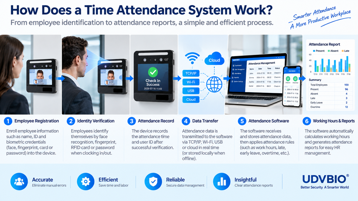 How a time attendance system works from employee registration and identity verification to attendance software and working hours reports