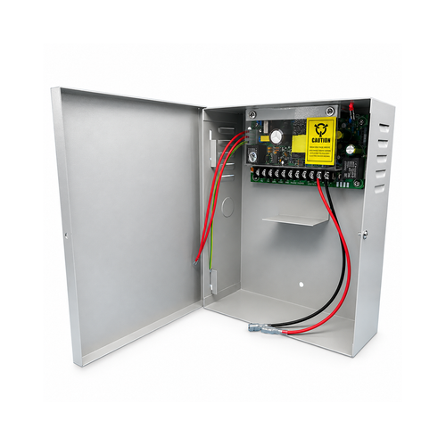 access control power supply in an open silver metal enclosure, showing the circuit board, terminals and connection wires