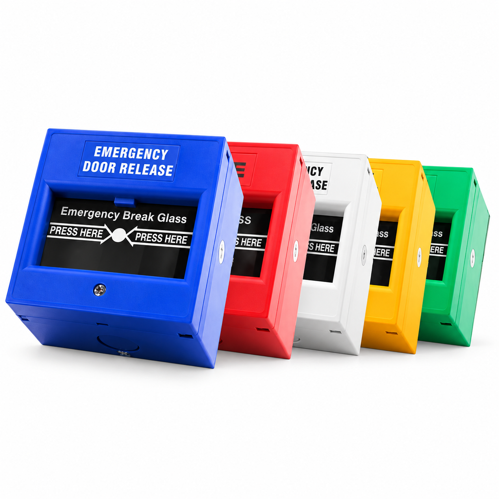 809 emergency break glass door release switches in blue, red, white, yellow and green on a white background.