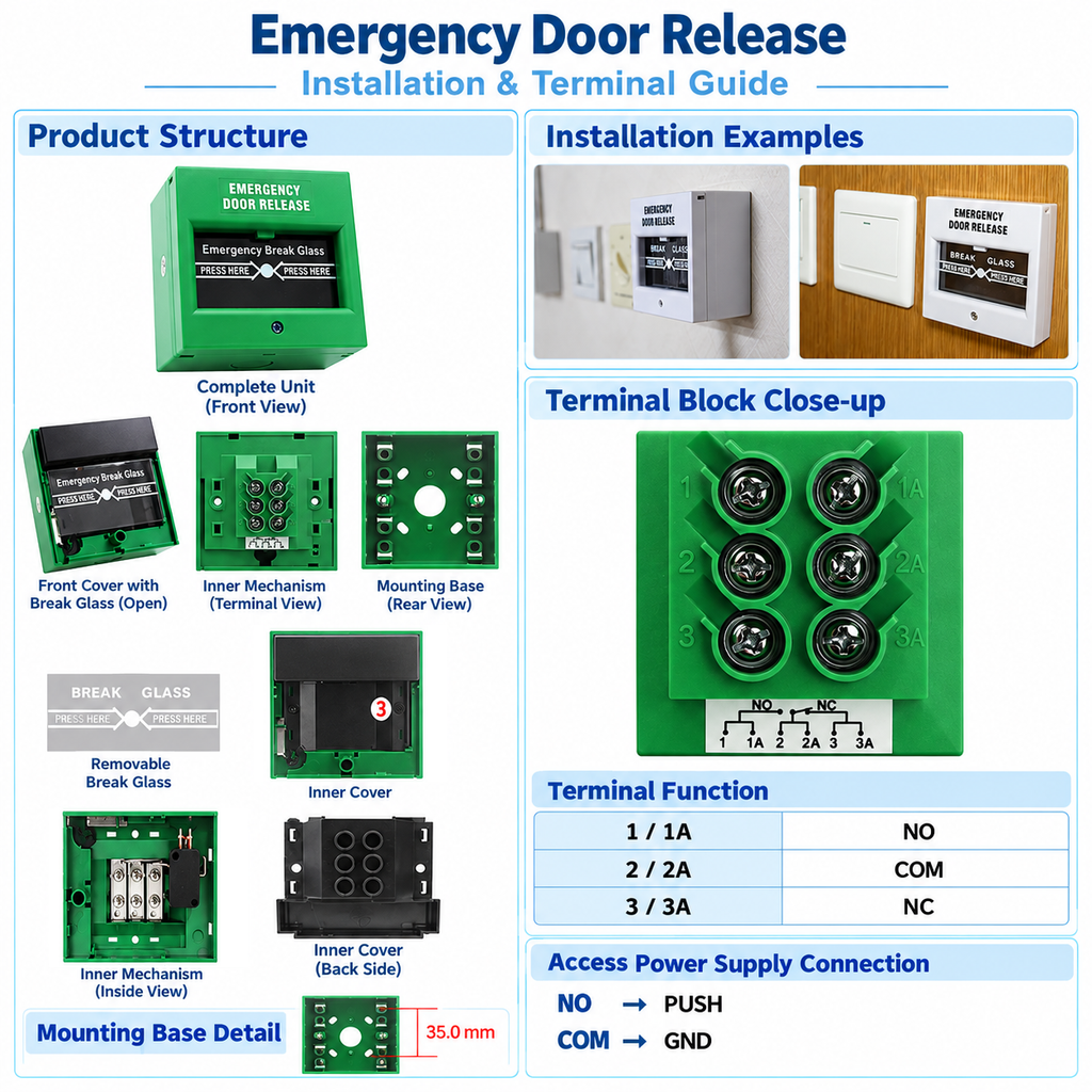 809 emergency door release installation guide showing product components, mounting hole spacing, NO COM NC terminals and power supply connections