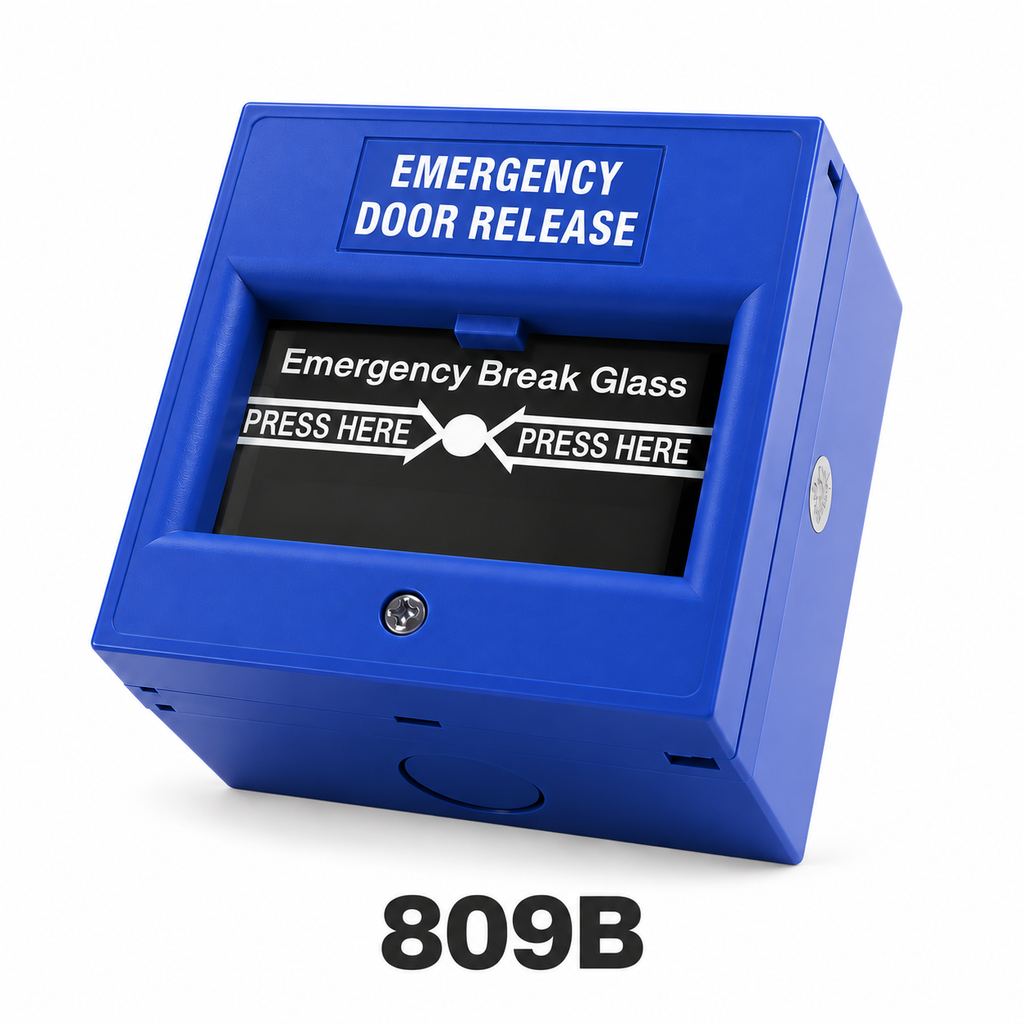 809B blue emergency break glass door release switch on a white background