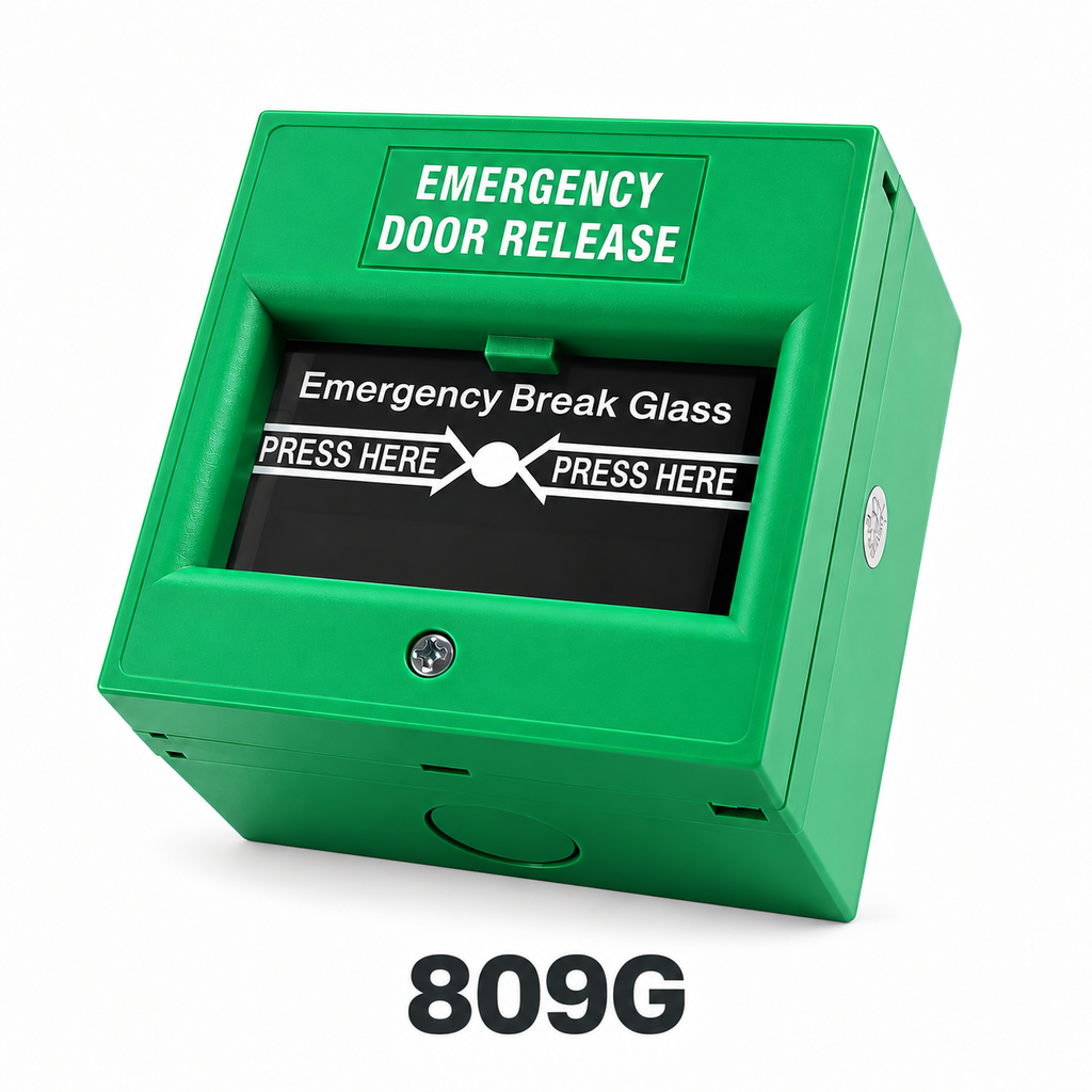 809G green emergency break glass door release switch on a white background with the model number below