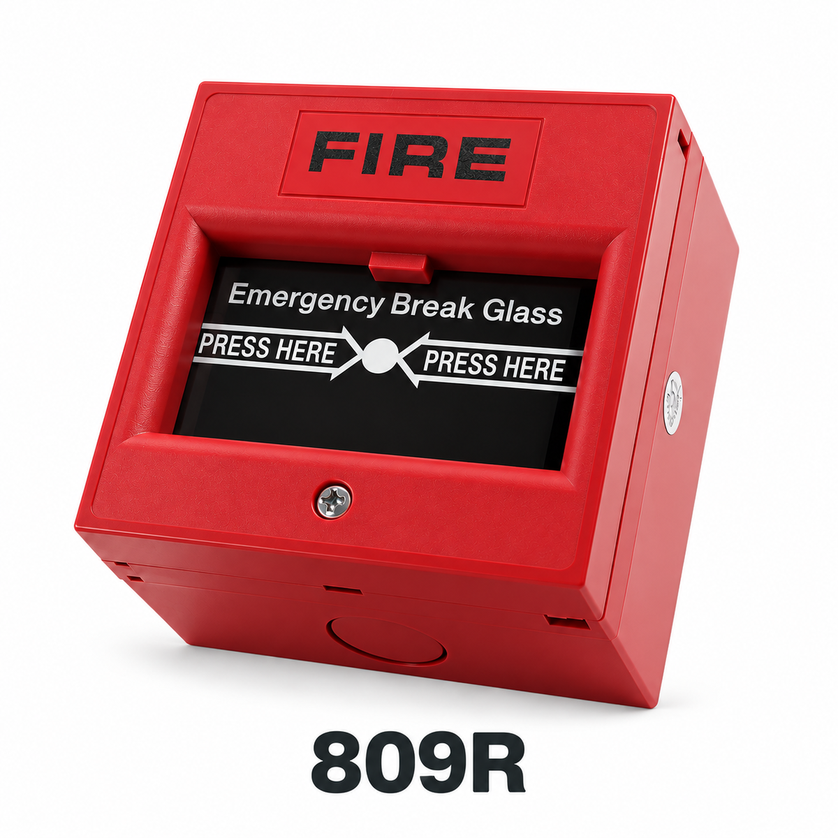 809R red emergency break glass switch with FIRE marking on a white background