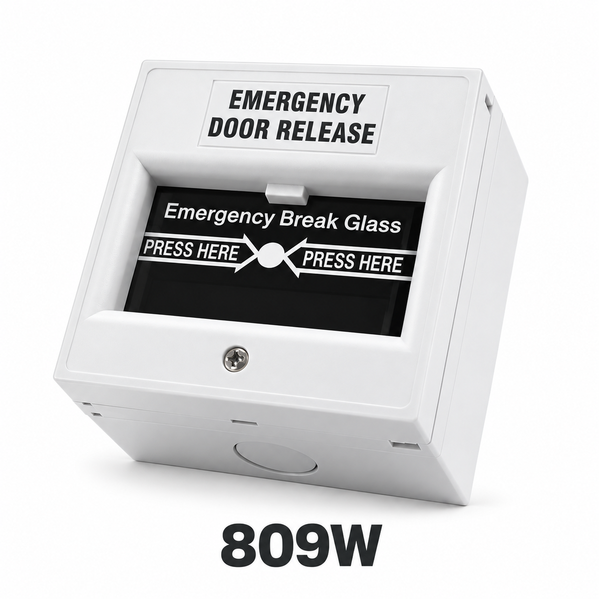 809W white emergency break glass door release switch on a white background