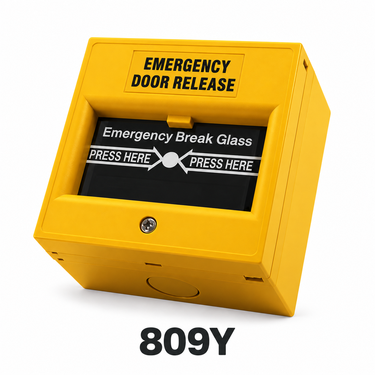 809Y yellow emergency break glass door release switch on a white background