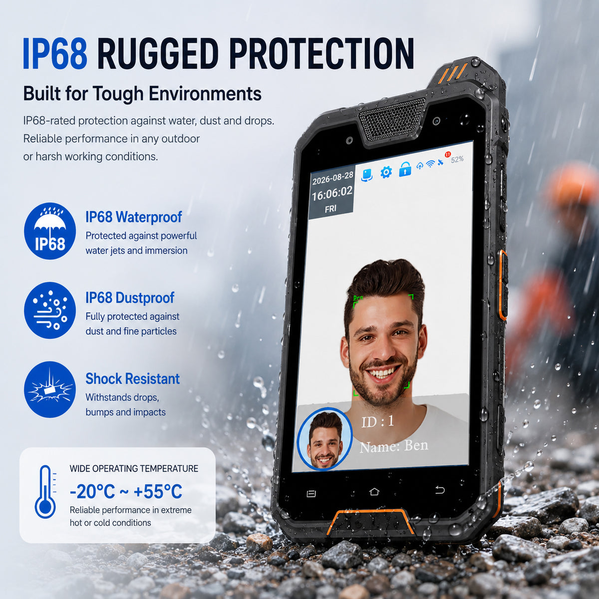 AF06 rugged face recognition attendance terminal with IP68 waterproof and dustproof protection