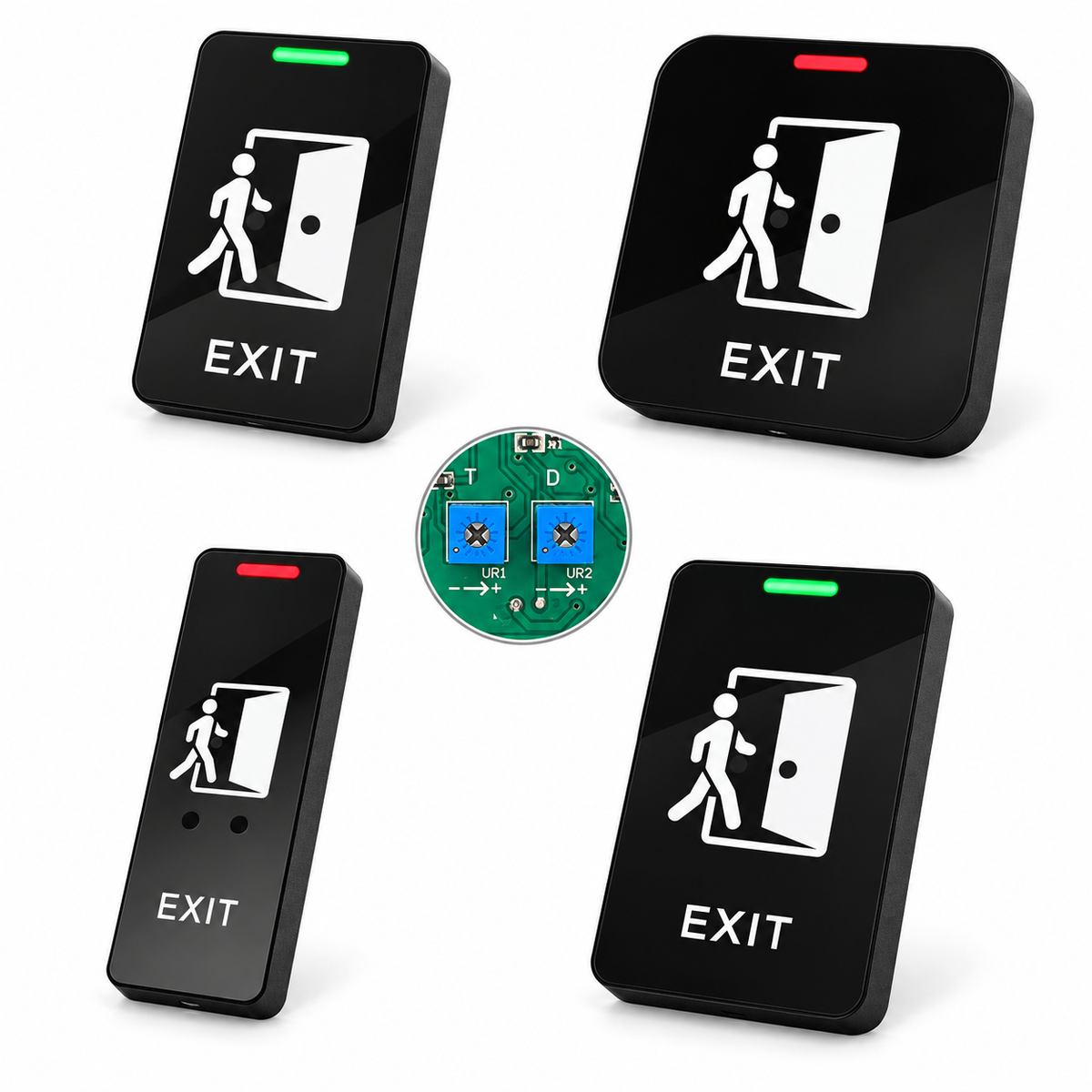 Four black touchless exit switches with red and green LED indicators and a close-up of two internal adjustment knobs