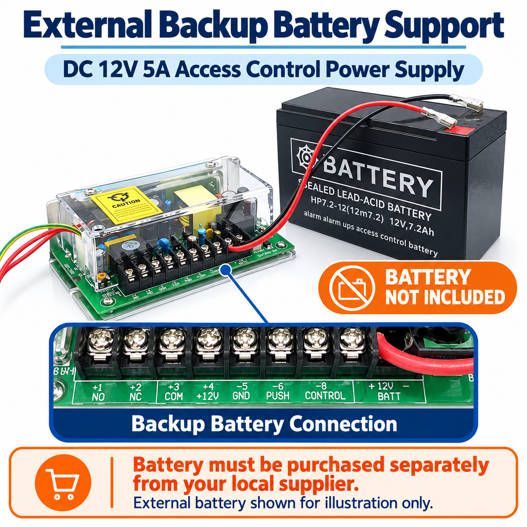DC 12V 5A access control power supply with external backup battery connection. Battery not included and must be purchased locally