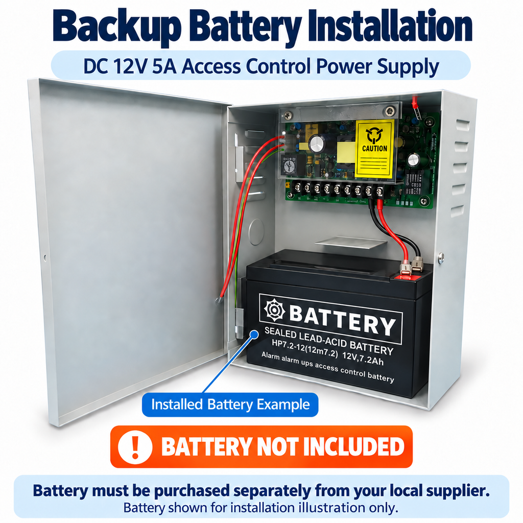 Backup battery installation in a DC 12V 5A access control power supply enclosure, with adjacent battery connections. Battery not included