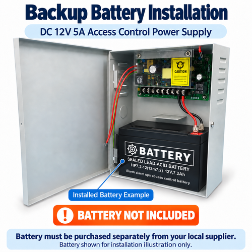 Backup battery installation in a DC 12V 5A access control power supply enclosure, with adjacent battery connections. Battery not included