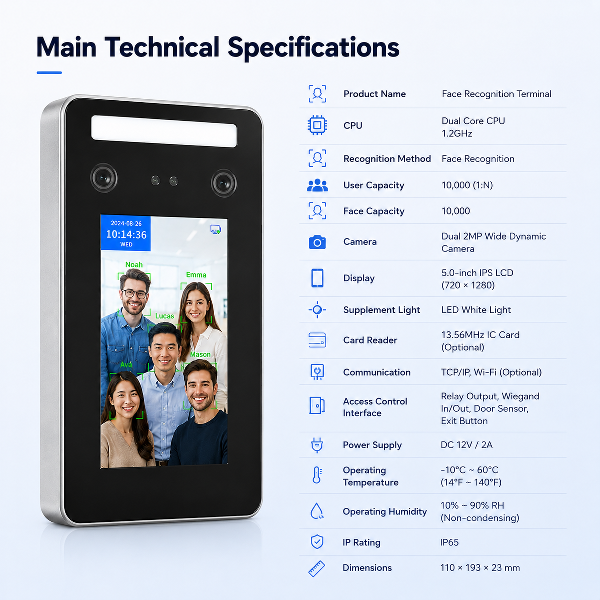 DF01 AI dynamic face recognition access control terminal main technical specifications with 5-inch touch screen, IP65 and 10000 face capacity