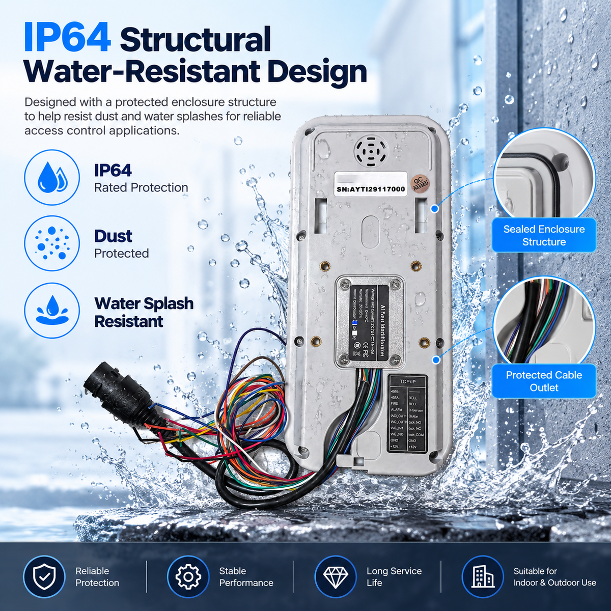 DF07F IP64 water-resistant face recognition access control terminal with dust and water splash protection