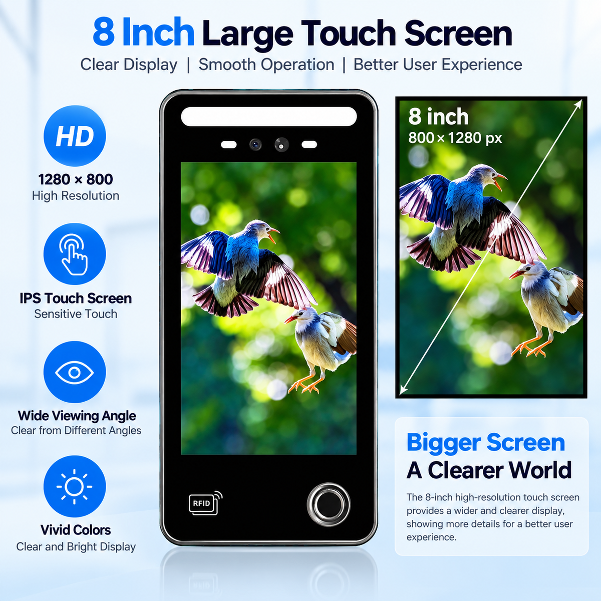 DF08F 8-inch touch screen face recognition access control terminal with high-resolution IPS display