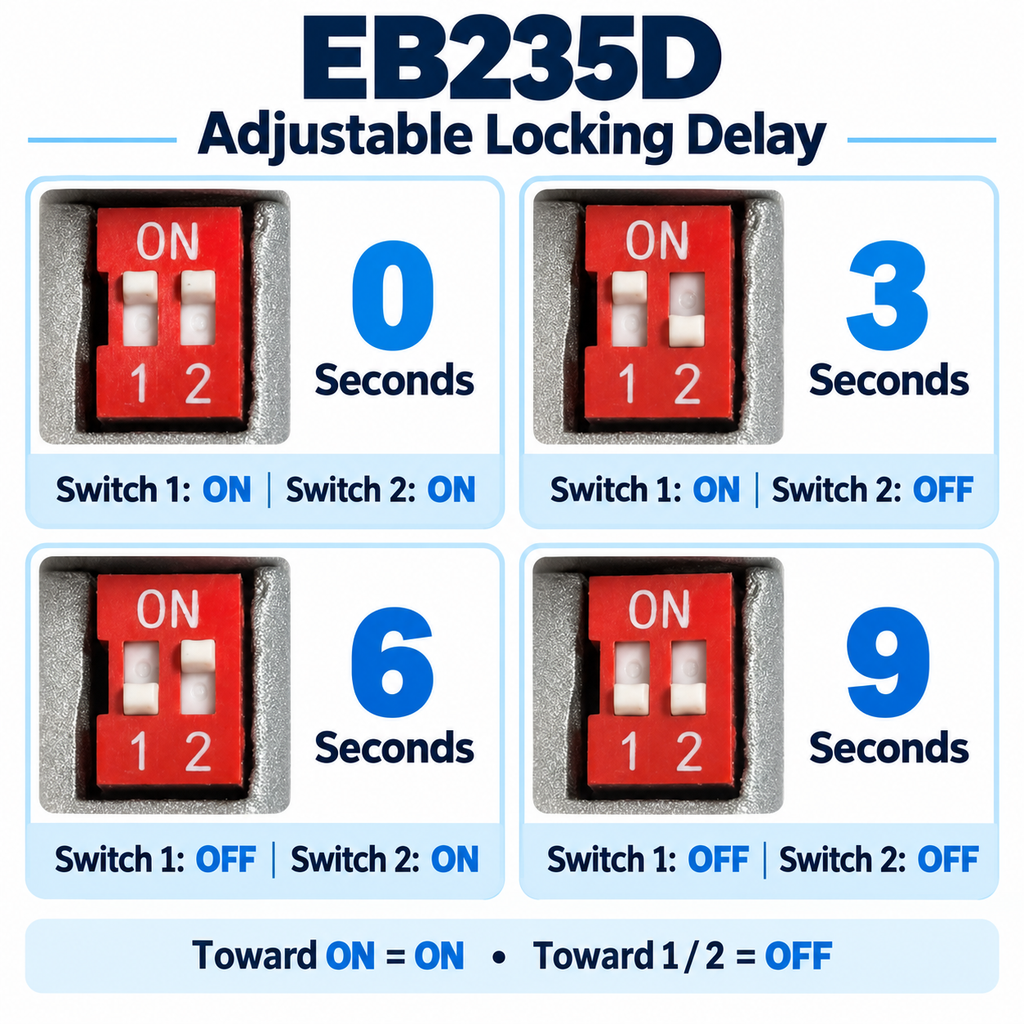 EB235D electric bolt lock DIP switch settings for 0, 3, 6 and 9 second locking delays