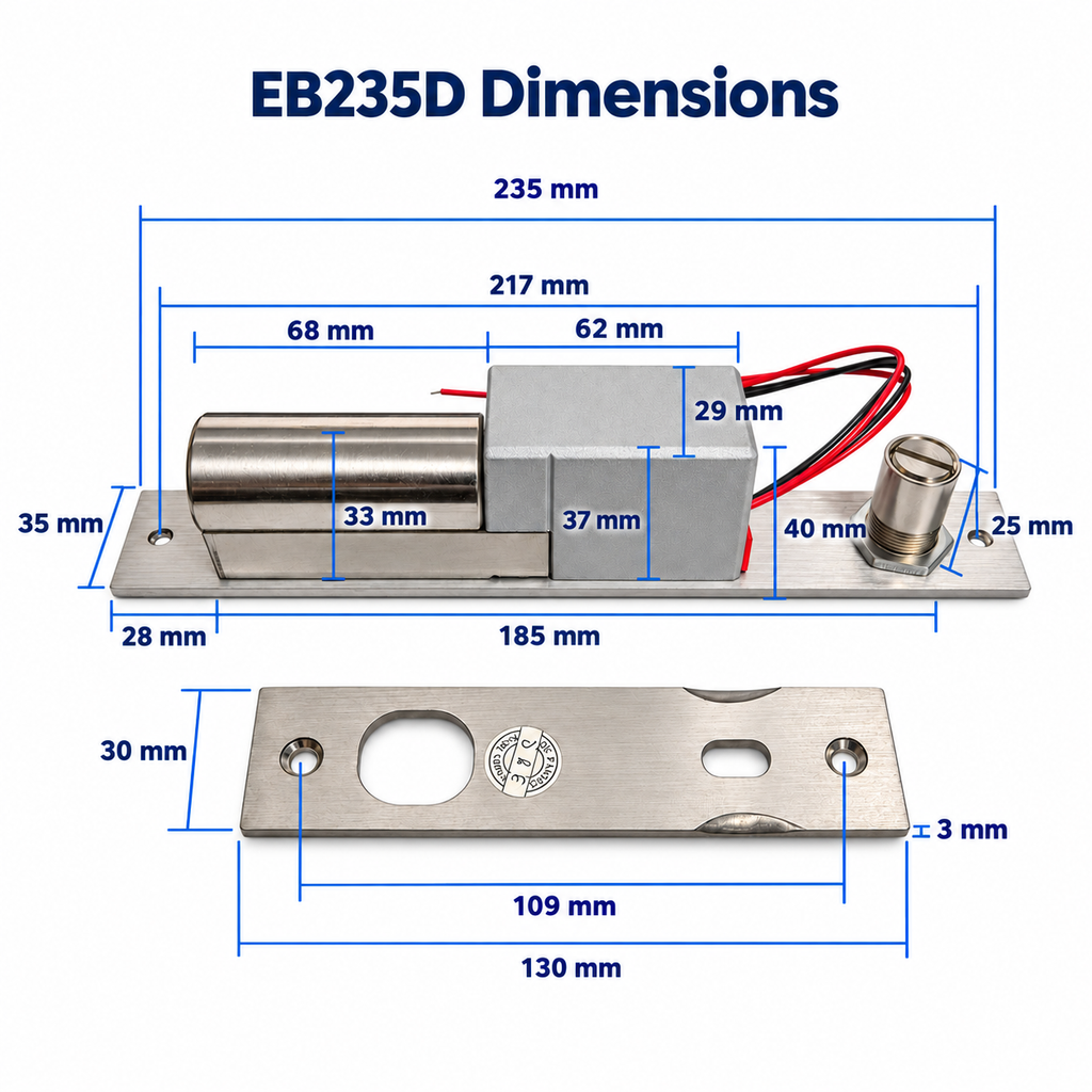 EB235D electric bolt lock and strike plate with detailed dimensions in millimeters