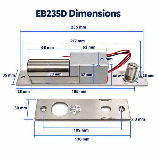 EB235D electric bolt lock and strike plate with detailed dimensions in millimeters