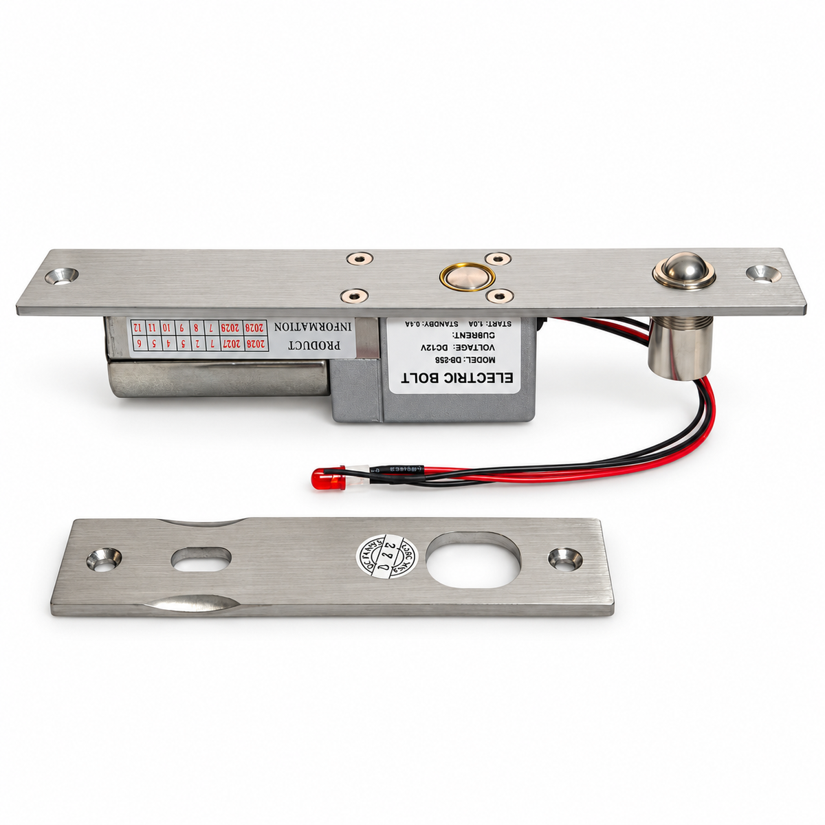 DE235 electric bolt lock showing the stainless steel faceplate, wiring and strike plate