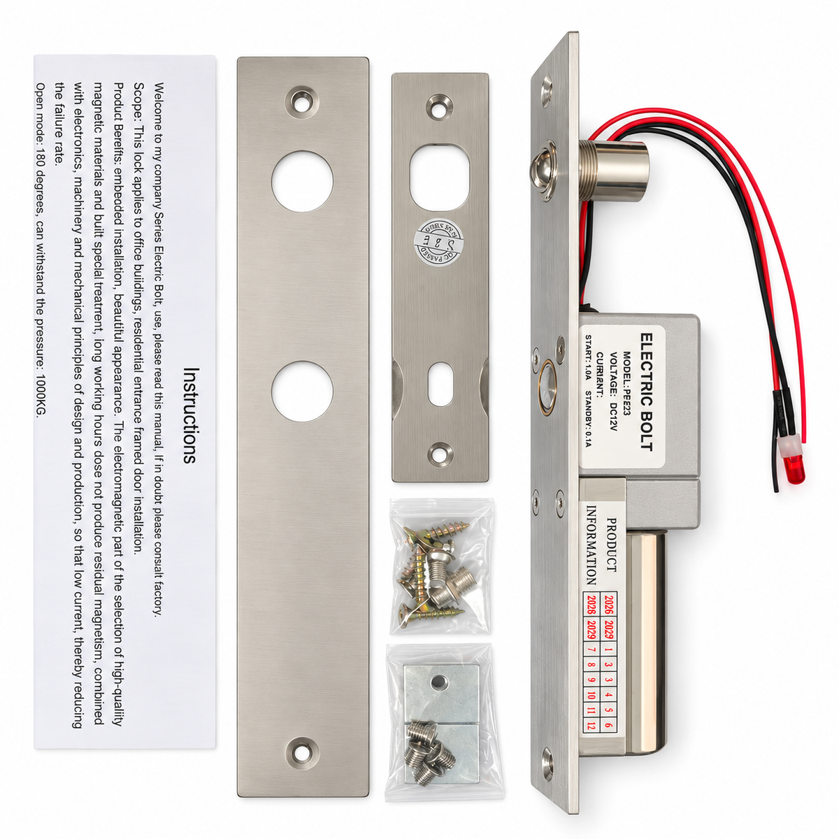 EB235D electric bolt lock kit with mounting plates, screws, brackets and instruction sheet on a white background