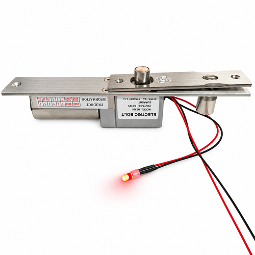 EB235D electric bolt lock with extended bolt, strike plate and illuminated red LED on a white background