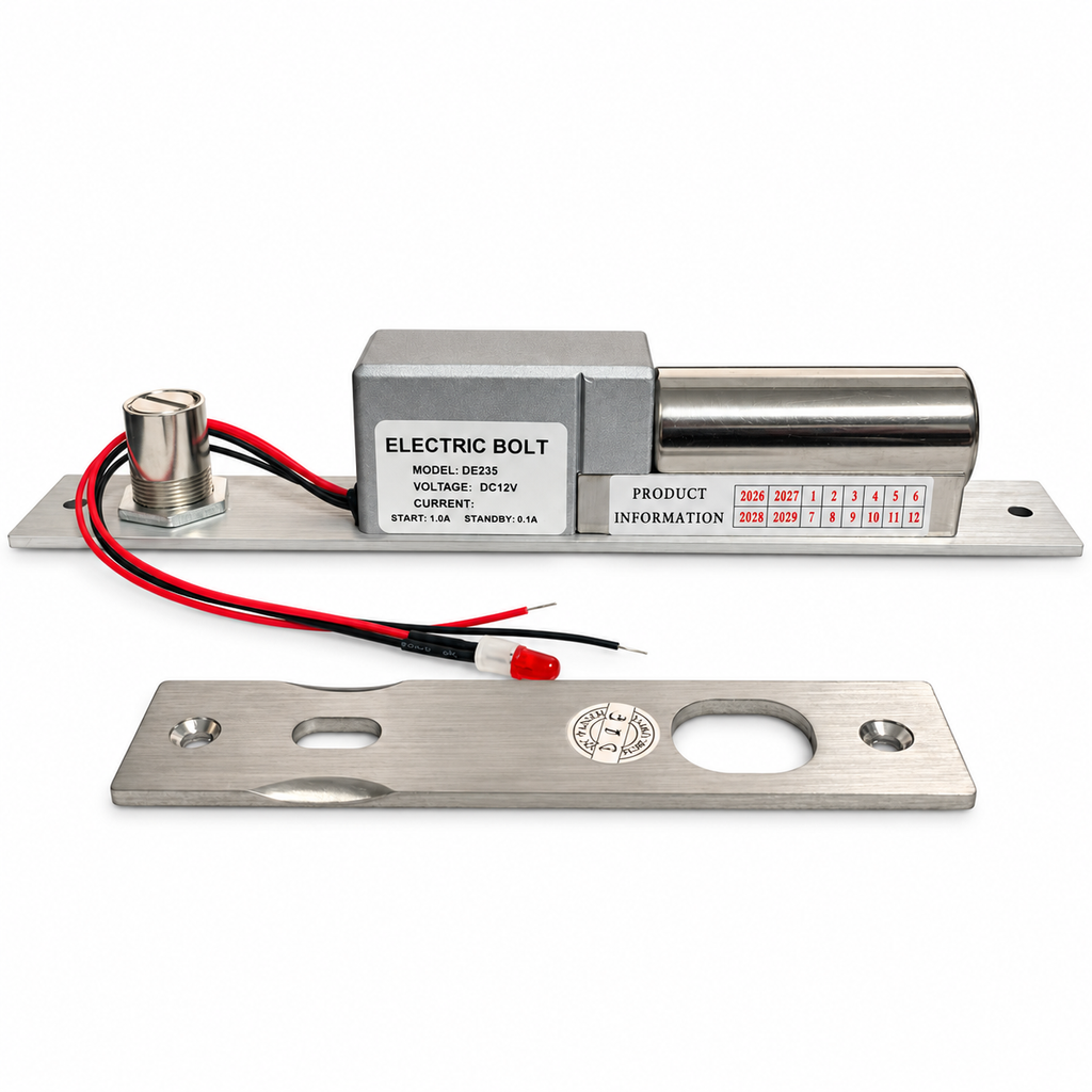 DE235 DC 12V electric bolt lock with wiring and stainless steel strike plate on a white background