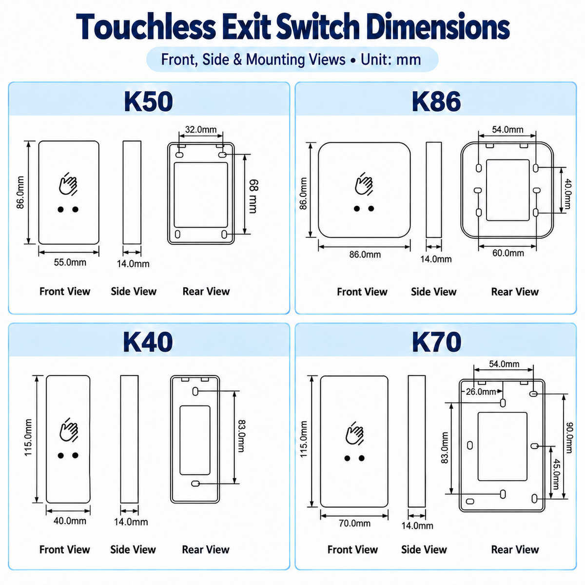 Dimension drawings for K50, K86, K40 and K70 touchless exit switches, showing front, side and mounting views in millimeters