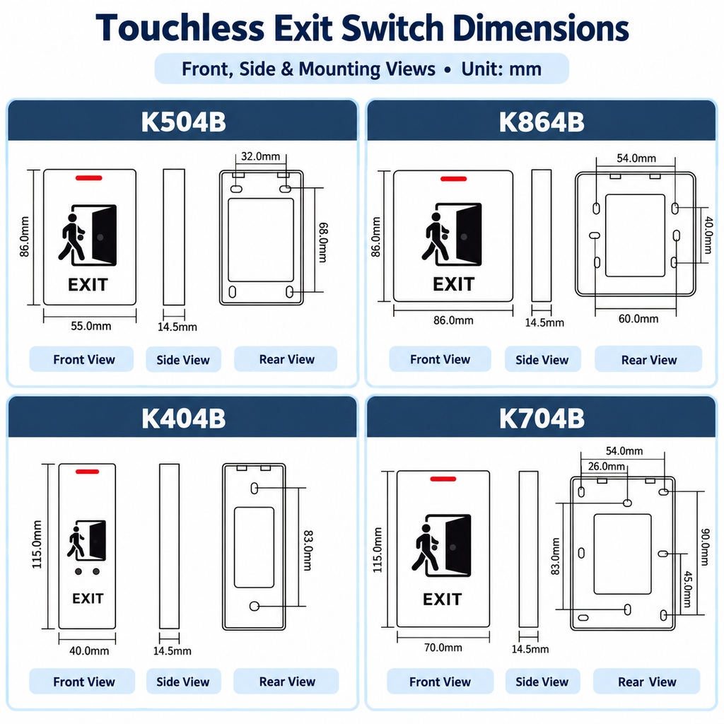 Dimensions of K504B, K864B, K404B and K704B touchless exit switches, showing front, side and mounting views in millimeters