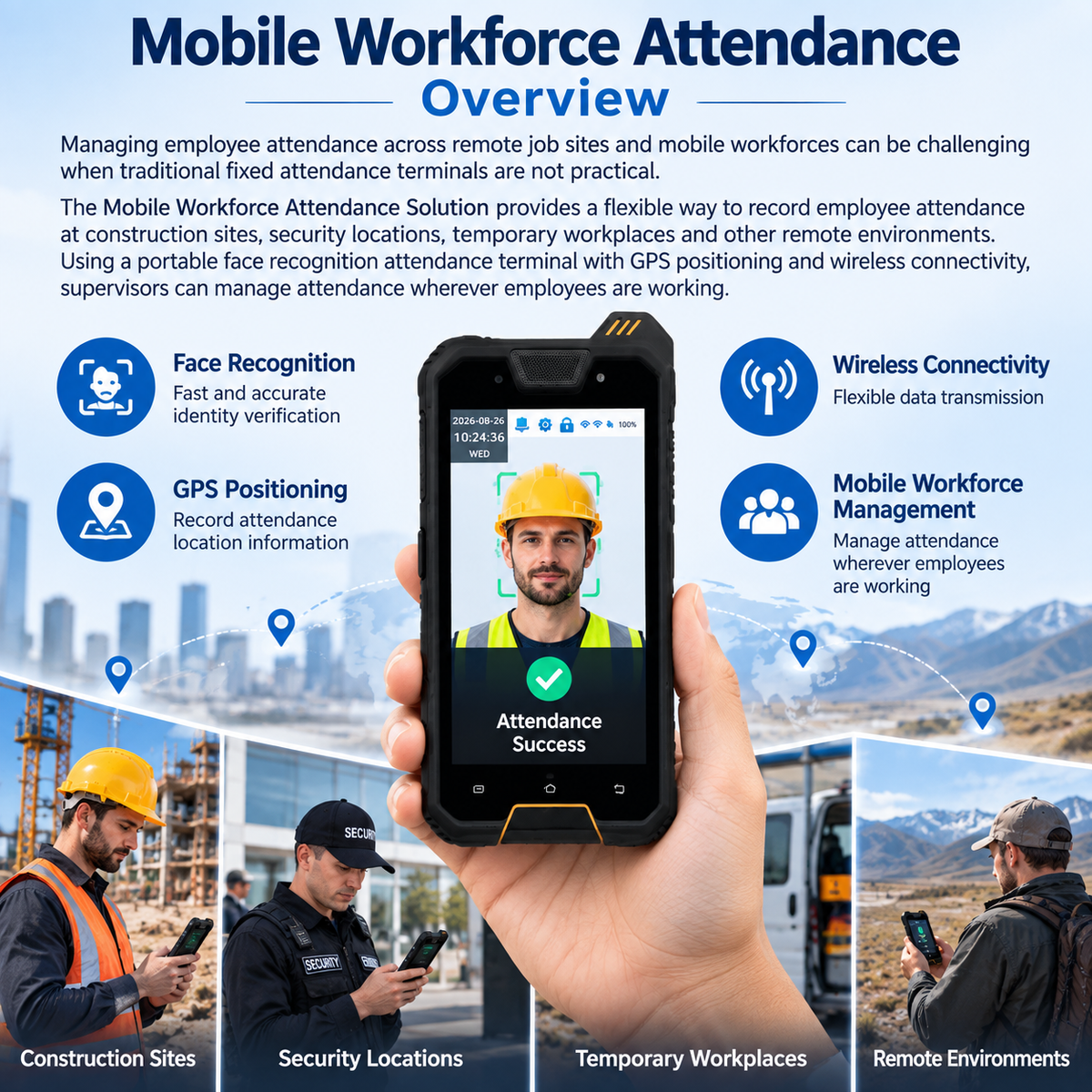 AF06 portable face recognition attendance terminal for remote job sites and mobile workforce attendance management