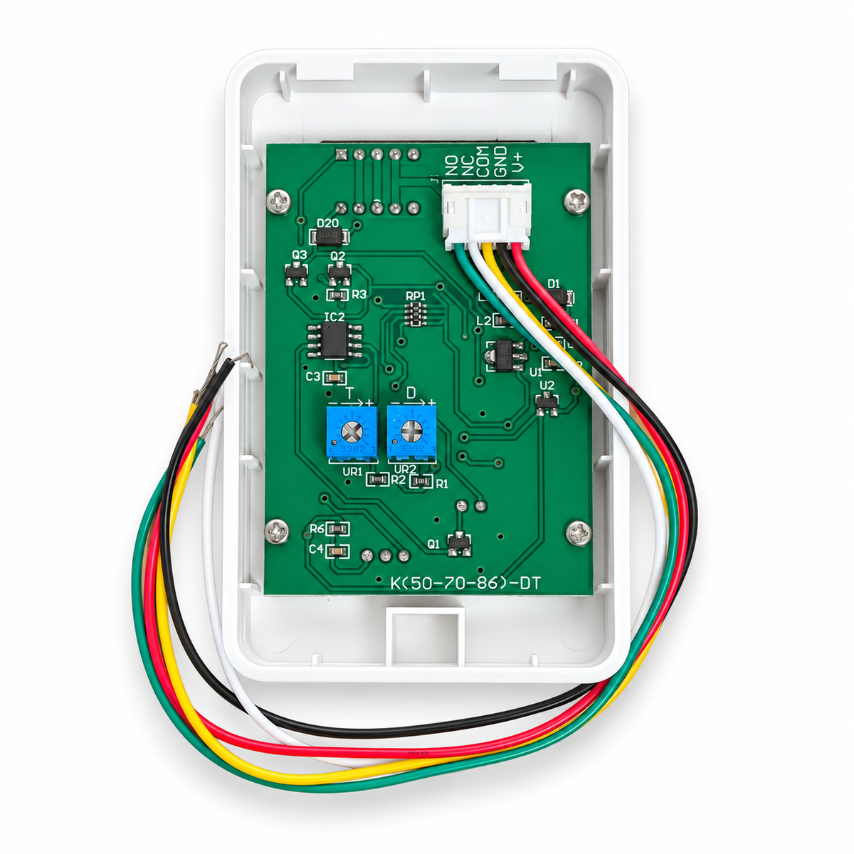 Rear view of a white touchless exit switch showing the circuit board, two blue adjustment knobs and five colored connection wires