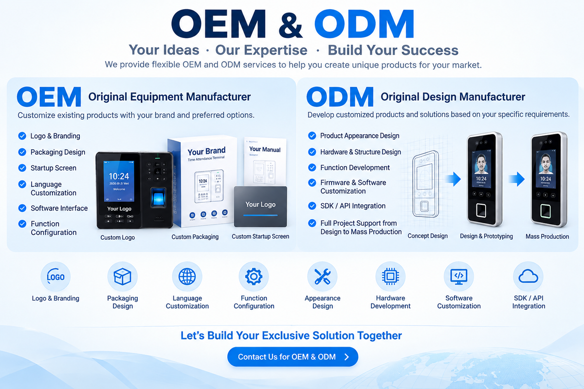 UDVBIO OEM and ODM services for biometric attendance and access control products including branding, appearance design, hardware, software and SDK integration