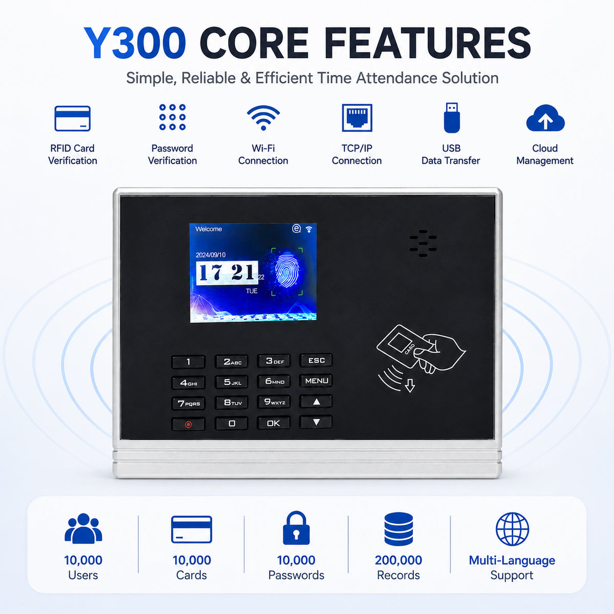 Y300 RFID card time attendance machine with password, WiFi, TCP/IP, USB and cloud management