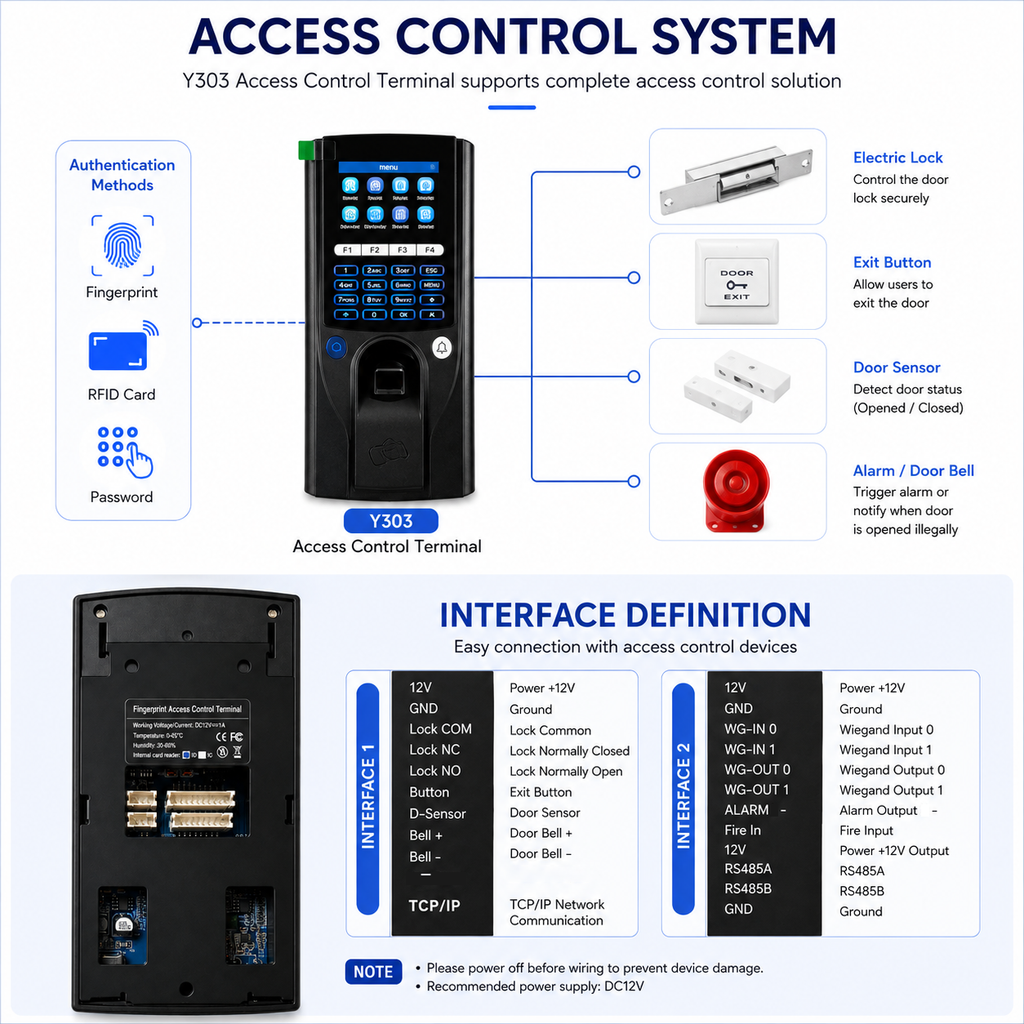 Y303 fingerprint access control system with electric lock, exit button, door sensor, alarm and door bell
