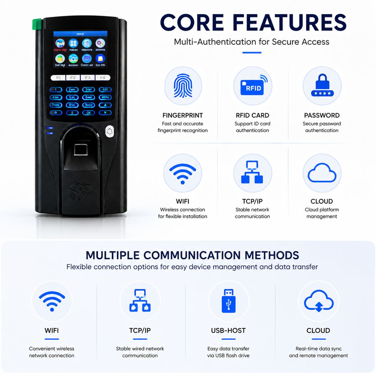 Y303 fingerprint access control terminal with RFID card, password, WiFi, TCP/IP and cloud communication