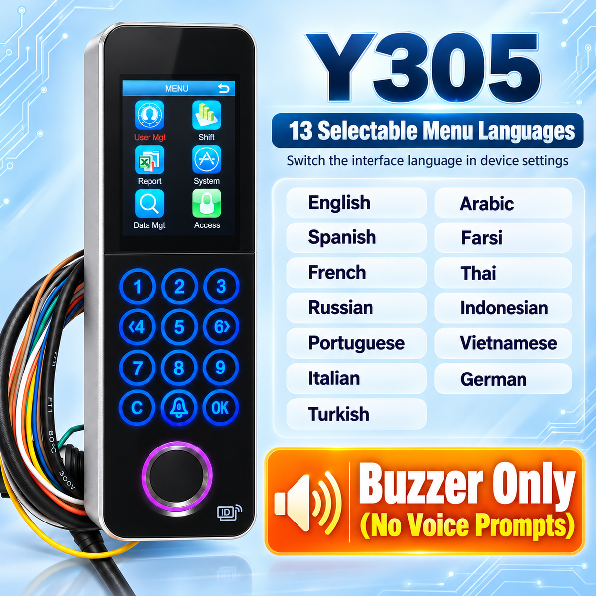 Y305 access control terminal with 13 selectable menu languages and a prominent Buzzer Only (No Voice Prompts) notice