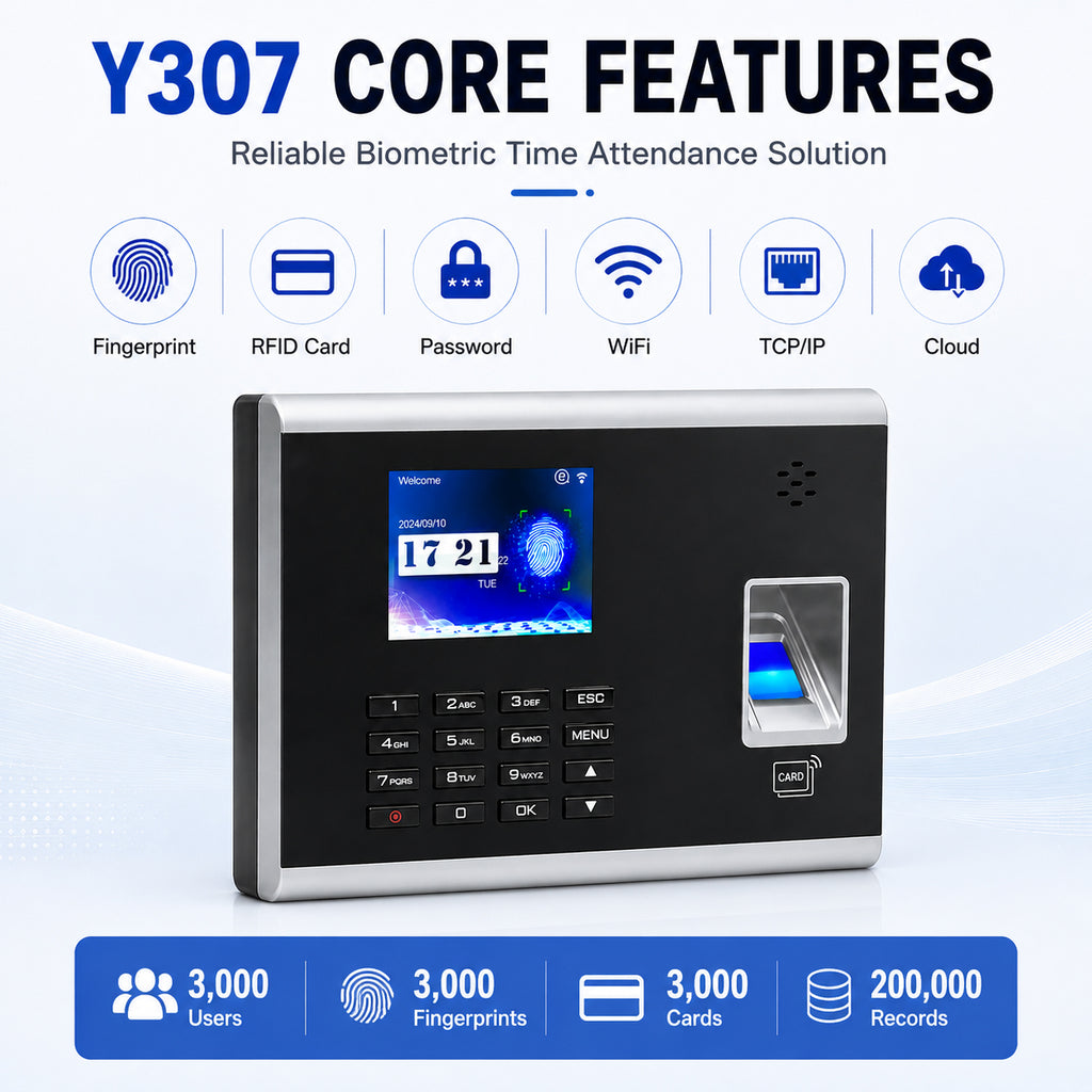Y307 fingerprint attendance machine with RFID card, password, WiFi and cloud management